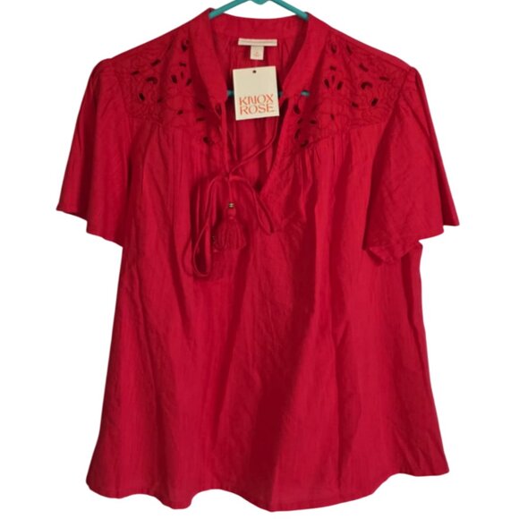 Knox Rose Tops - NWT Knox Rose Red Short Sleeve Blouse with front tassel tie
